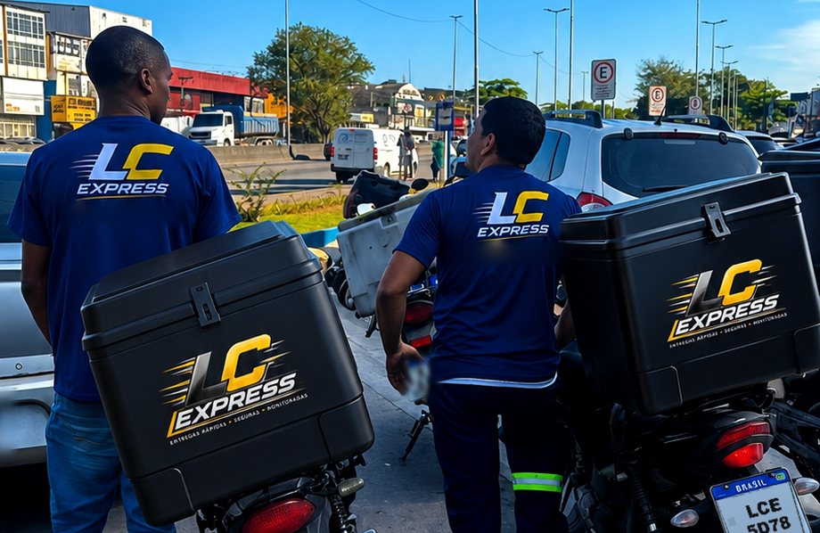Dois profissionais uniformizados da LC Express ao lado dos veículos, com os baús de carga identificados com a marca da empresa.